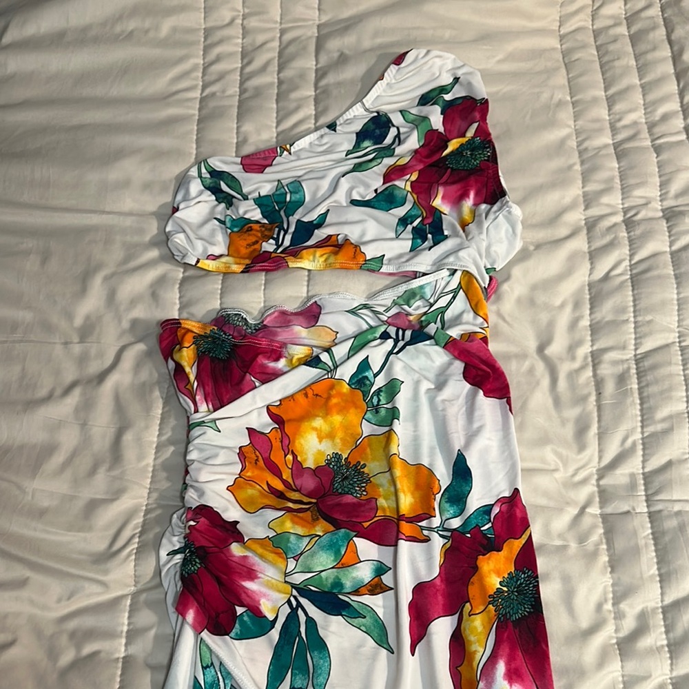 Tropical Floral One Shoulder Cutout Maxi Dress Side Slit Medium - Picture 4 of 5